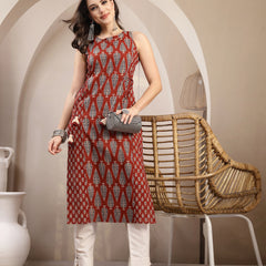 Kimayra Rayon Calf Length Printed Sleeveless Round Neck Straight Kurta