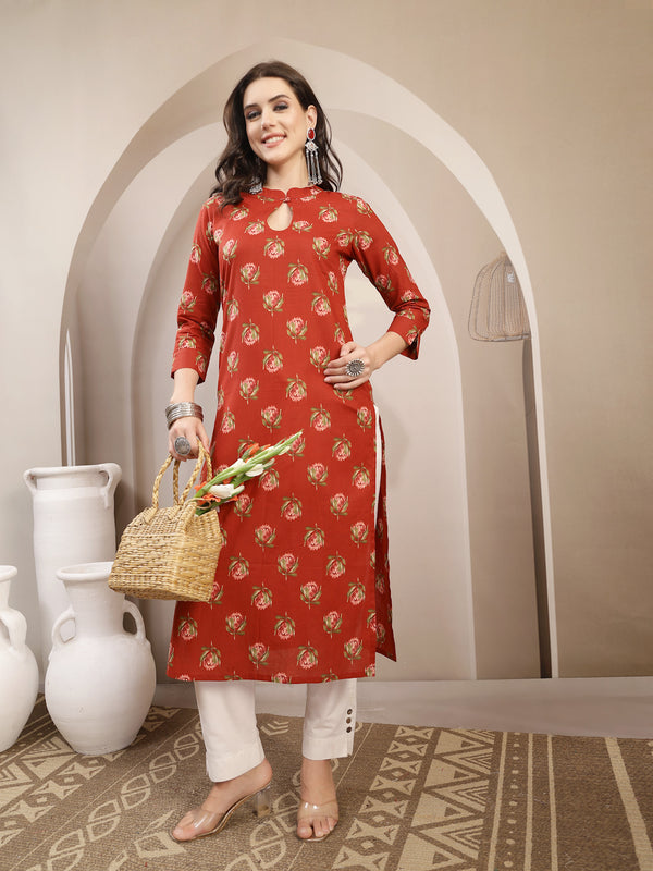 Kimayra Rayon Calf Length Printed 3/4 Sleeve Key Hole Neck Straight Kurta