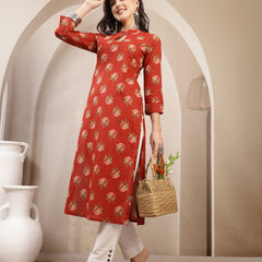 Kimayra Rayon Calf Length Printed 3/4 Sleeve Key Hole Neck Straight Kurta
