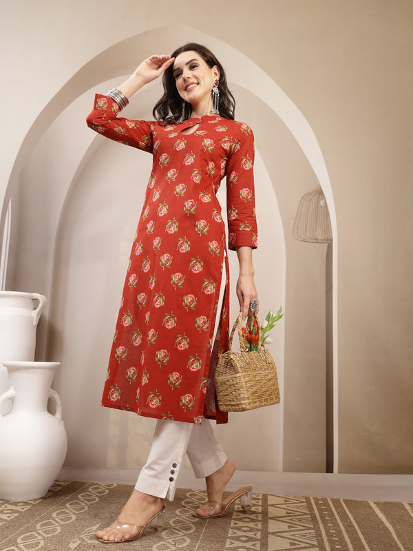 Kimayra Rayon Calf Length Printed 3/4 Sleeve Key Hole Neck Straight Kurta