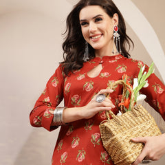 Kimayra Rayon Calf Length Printed 3/4 Sleeve Key Hole Neck Straight Kurta