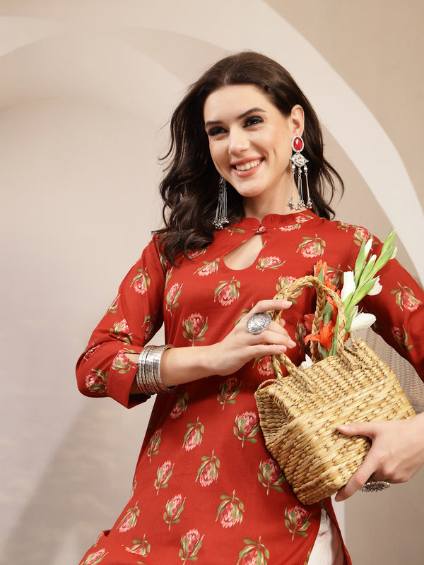 Kimayra Rayon Calf Length Printed 3/4 Sleeve Key Hole Neck Straight Kurta