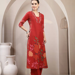 Kimayra Rayon Calf Length Printed 3/4 Sleeve V-Neck A-Line Kurta Suit Set