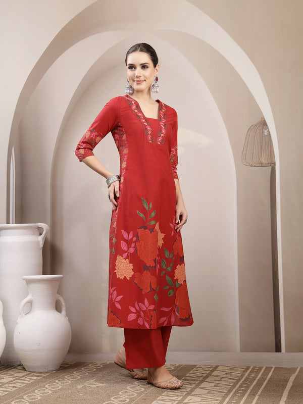 Kimayra Rayon Calf Length Printed 3/4 Sleeve V-Neck A-Line Kurta Suit Set