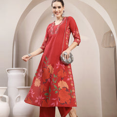 Kimayra Rayon Calf Length Printed 3/4 Sleeve V-Neck A-Line Kurta Suit Set