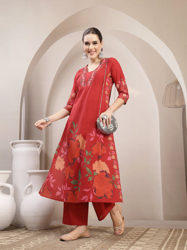 Kimayra Rayon Calf Length Printed 3/4 Sleeve V-Neck A-Line Kurta Suit Set