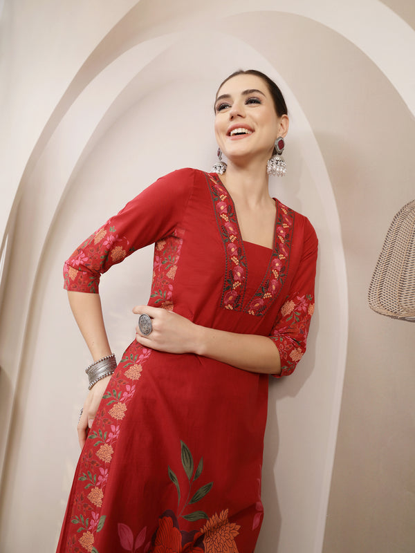 Kimayra Rayon Calf Length Printed 3/4 Sleeve V-Neck A-Line Kurta Suit Set