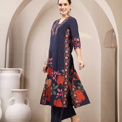 Kimayra Rayon Calf Length Printed 3/4 Sleeve V-Neck A-Line Kurta Suit Set