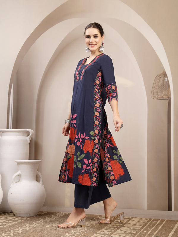 Kimayra Rayon Calf Length Printed 3/4 Sleeve V-Neck A-Line Kurta Suit Set