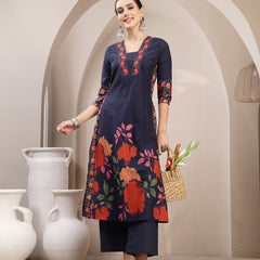 Kimayra Rayon Calf Length Printed 3/4 Sleeve V-Neck A-Line Kurta Suit Set