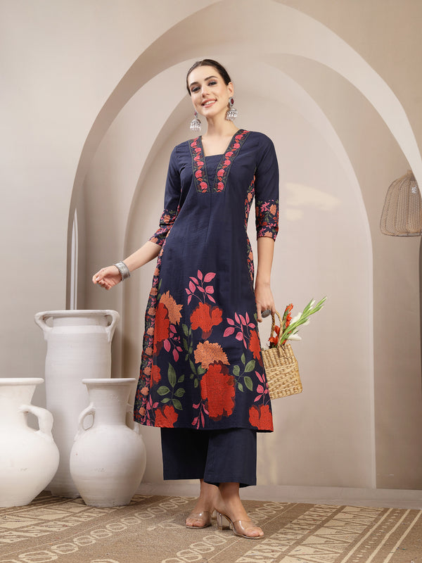 Kimayra Rayon Calf Length Printed 3/4 Sleeve V-Neck A-Line Kurta Suit Set