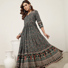 Kimayra Cotton Calf Length Printed 3/4 Sleeves V-Neck Anarkali Kurta