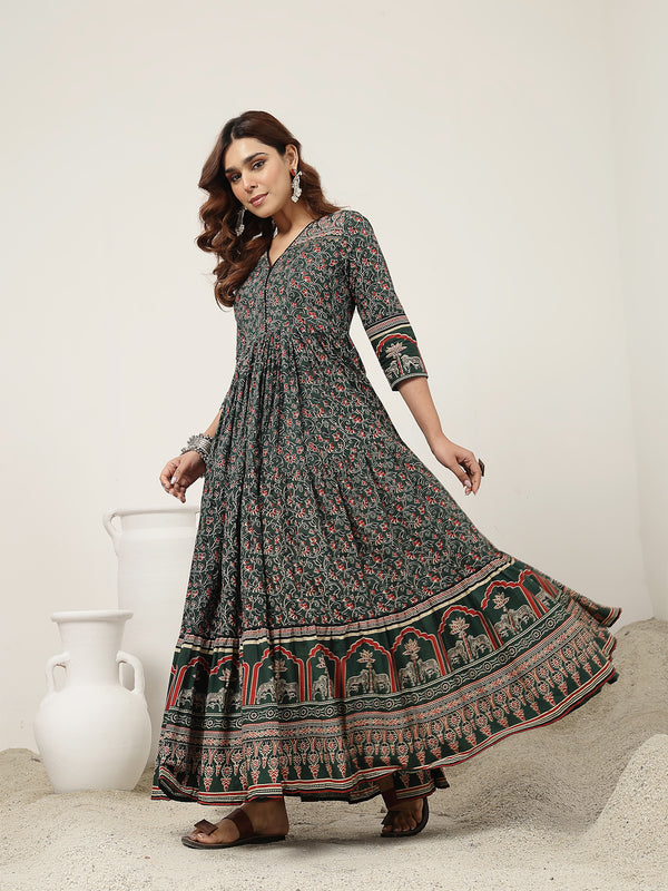 Kimayra Cotton Calf Length Printed 3/4 Sleeves V-Neck Anarkali Kurta