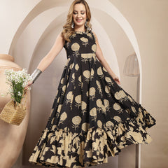Kimayra Cotton Calf Length Printed Sleeveless Round Neck Flared Dress