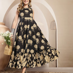 Kimayra Cotton Calf Length Printed Sleeveless Round Neck Flared Dress