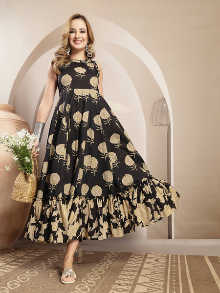 Kimayra Cotton Calf Length Printed Sleeveless Round Neck Flared Dress
