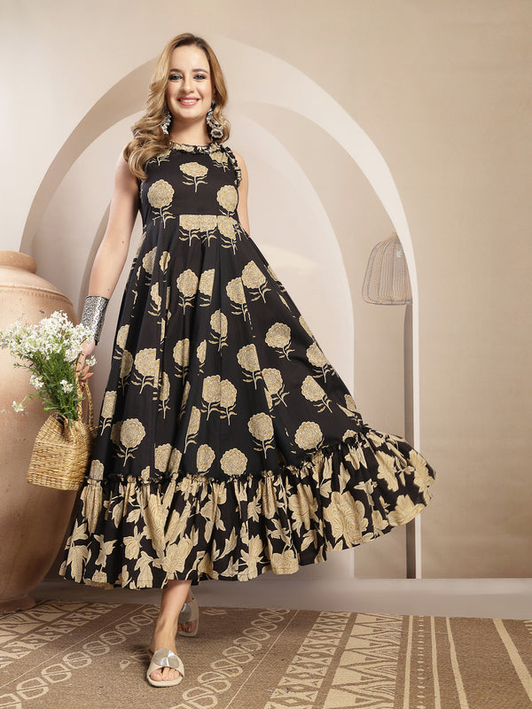Kimayra Cotton Calf Length Printed Sleeveless Round Neck Flared Dress