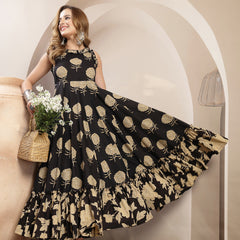 Kimayra Cotton Calf Length Printed Sleeveless Round Neck Flared Dress