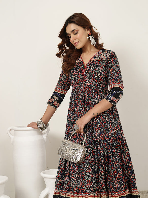 Kimayra Cotton Calf Length Printed 3/4 Sleeves V-Neck Anarkali Kurta
