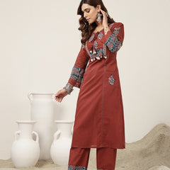Kimayra Cotton Calf Length Solid 3/4 Sleeve Round Neck Straight Kurta Suit Set