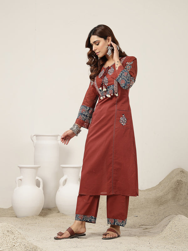 Kimayra Cotton Calf Length Solid 3/4 Sleeve Round Neck Straight Kurta Suit Set