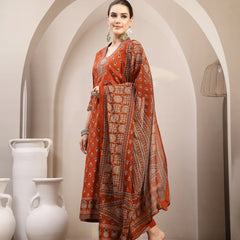 Kimayra Cotton Calf Length Printed 3/4 Sleeve V-Neck A-Line Kurta Suit Set