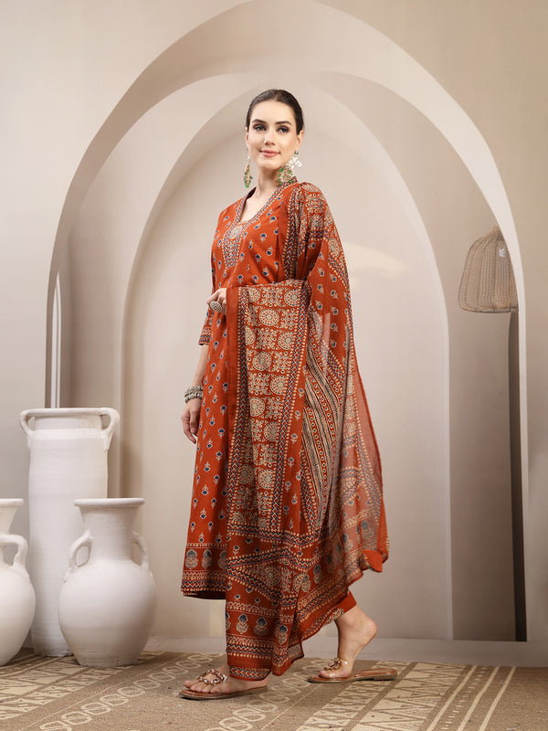 Kimayra Cotton Calf Length Printed 3/4 Sleeve V-Neck A-Line Kurta Suit Set