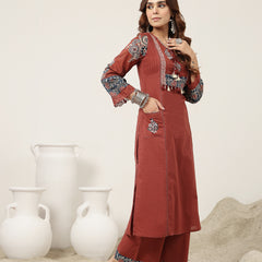 Kimayra Cotton Calf Length Solid 3/4 Sleeve Round Neck Straight Kurta Suit Set