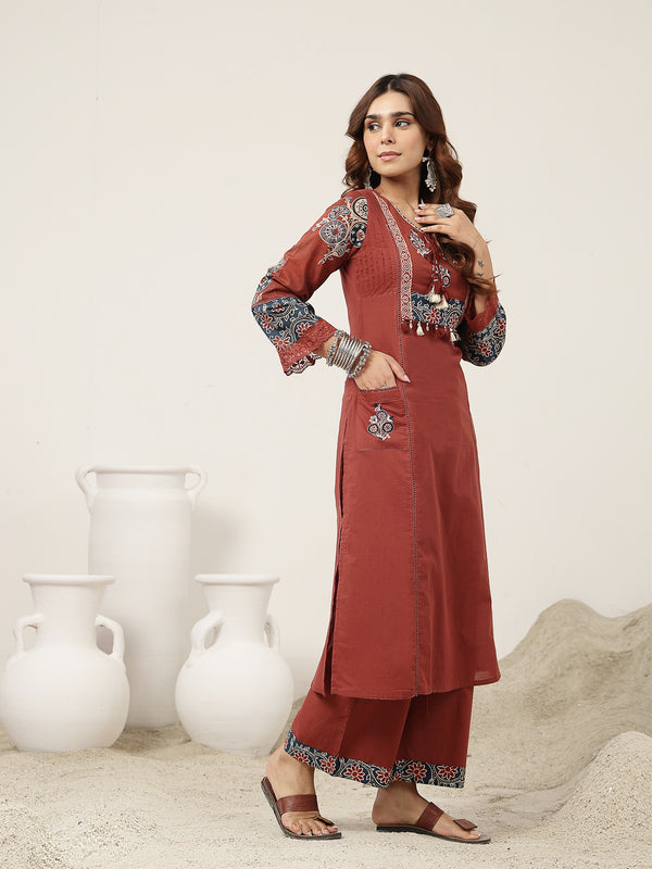 Kimayra Cotton Calf Length Solid 3/4 Sleeve Round Neck Straight Kurta Suit Set