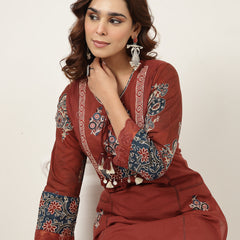 Kimayra Cotton Calf Length Solid 3/4 Sleeve Round Neck Straight Kurta Suit Set