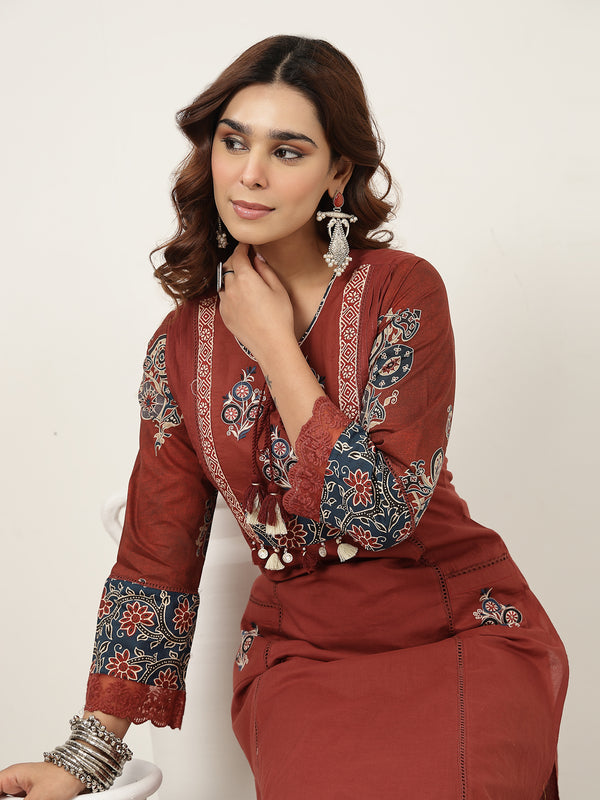 Kimayra Cotton Calf Length Solid 3/4 Sleeve Round Neck Straight Kurta Suit Set