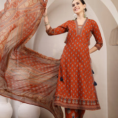 Kimayra Cotton Calf Length Printed 3/4 Sleeve V-Neck A-Line Kurta Suit Set