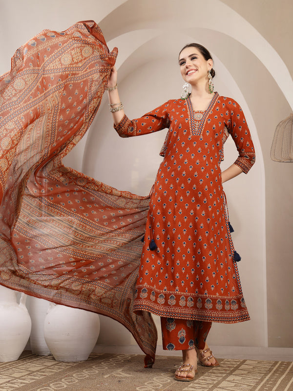 Kimayra Cotton Calf Length Printed 3/4 Sleeve V-Neck A-Line Kurta Suit Set