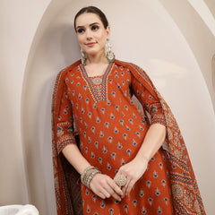 Kimayra Cotton Calf Length Printed 3/4 Sleeve V-Neck A-Line Kurta Suit Set