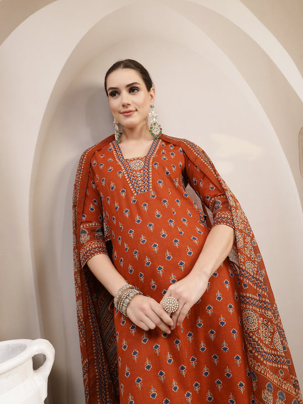 Kimayra Cotton Calf Length Printed 3/4 Sleeve V-Neck A-Line Kurta Suit Set