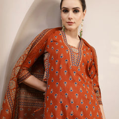 Kimayra Cotton Calf Length Printed 3/4 Sleeve V-Neck A-Line Kurta Suit Set