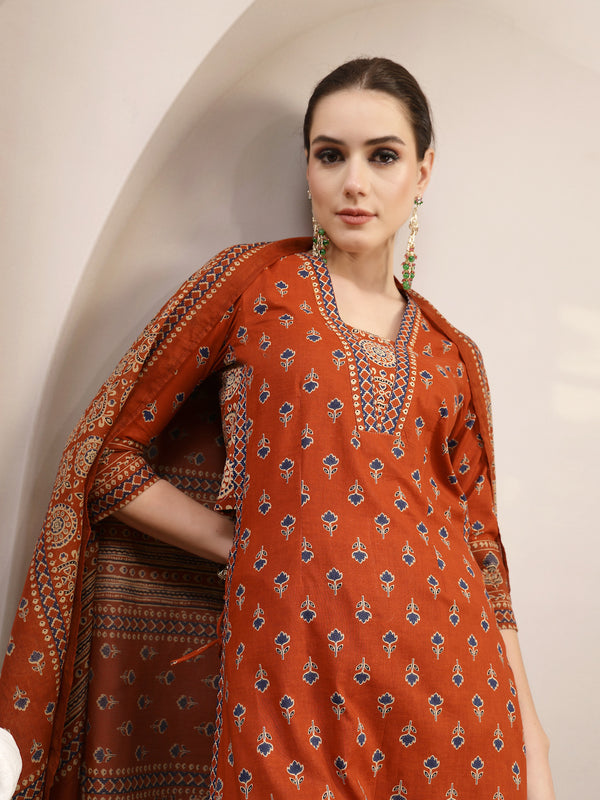 Kimayra Cotton Calf Length Printed 3/4 Sleeve V-Neck A-Line Kurta Suit Set