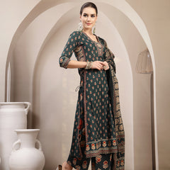 Kimayra Cotton Calf Length Printed 3/4 Sleeve V-Neck A-Line Kurta Suit Set