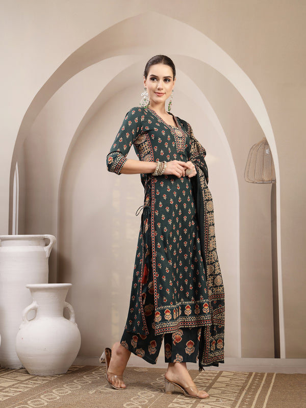 Kimayra Cotton Calf Length Printed 3/4 Sleeve V-Neck A-Line Kurta Suit Set