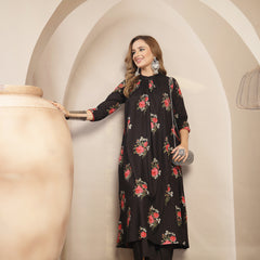 Kimayra Cotton Calf Length Printed 3/4 Sleeve Band Collar Flared Kurta Suit Set
