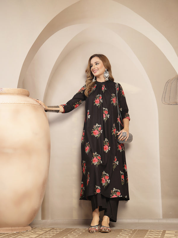 Kimayra Cotton Calf Length Printed 3/4 Sleeve Band Collar Flared Kurta Suit Set