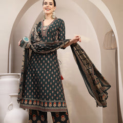 Kimayra Cotton Calf Length Printed 3/4 Sleeve V-Neck A-Line Kurta Suit Set