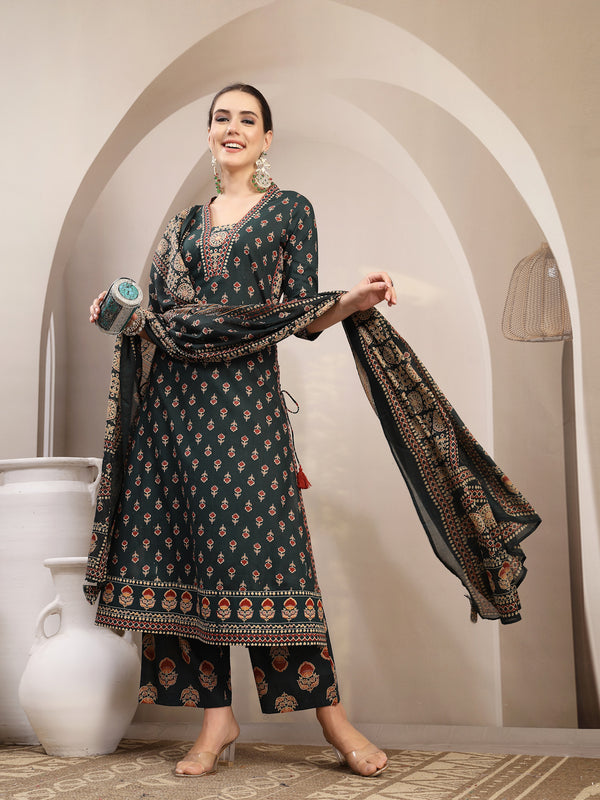 Kimayra Cotton Calf Length Printed 3/4 Sleeve V-Neck A-Line Kurta Suit Set
