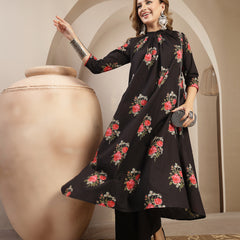 Kimayra Cotton Calf Length Printed 3/4 Sleeve Band Collar Flared Kurta Suit Set