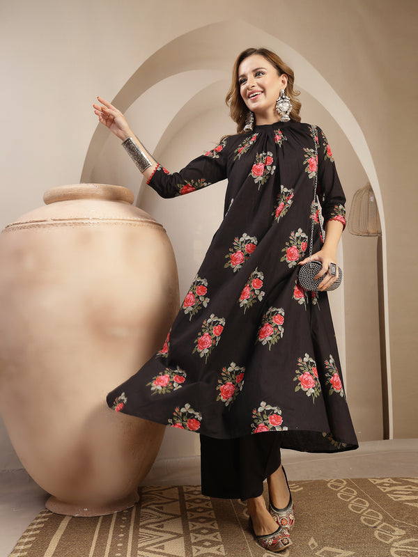 Kimayra Cotton Calf Length Printed 3/4 Sleeve Band Collar Flared Kurta Suit Set