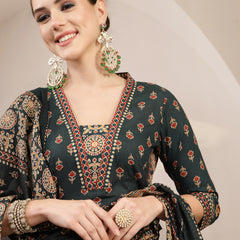 Kimayra Cotton Calf Length Printed 3/4 Sleeve V-Neck A-Line Kurta Suit Set