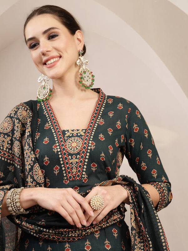 Kimayra Cotton Calf Length Printed 3/4 Sleeve V-Neck A-Line Kurta Suit Set