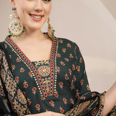 Kimayra Cotton Calf Length Printed 3/4 Sleeve V-Neck A-Line Kurta Suit Set