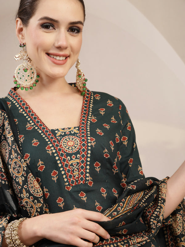 Kimayra Cotton Calf Length Printed 3/4 Sleeve V-Neck A-Line Kurta Suit Set