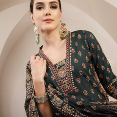 Kimayra Cotton Calf Length Printed 3/4 Sleeve V-Neck A-Line Kurta Suit Set